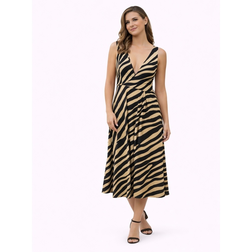 Topshop Black & Tan Zebra Print Plunge Midi Dress Size Us 14 (Uk 18 / Eur 46)